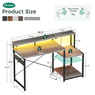 AODK Computer Desk, 48 Inch Gaming Desk with Led Lights & Power Outlet, Office Desk with Storage Shelves, Reversible Desk with Monitor Shelf & Headphone Hook, Grey Oak - Image 3