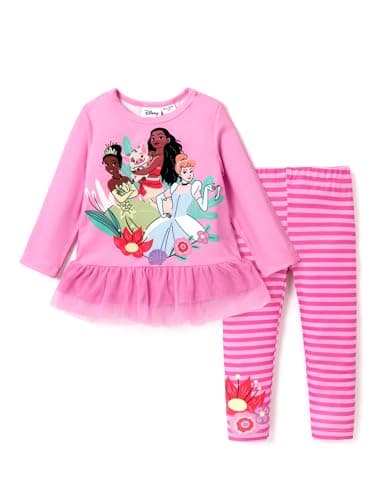 Disney Princess Toddler Girl Outfit 2PCS Girls Clothes Long Sleeve T-Shirt Dress and Striped Leggings Clothing Sets Fall Casual Pullover Dailywear Pink 3-4T - Image 1
