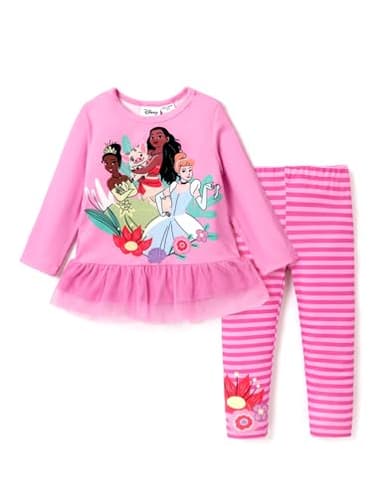 Disney Princess Toddler Girl Outfit 2PCS Girls Clothes Long Sleeve T-Shirt Dress and Striped Leggings Clothing Sets Fall Casual Pullover Dailywear Pink 3-4T - Image 1
