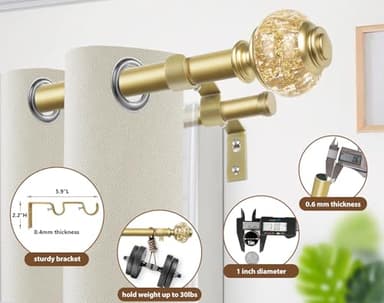 1 Inch Gold Double Curtain Rods 36 to 72 Inches (3 to 6 ft), USFOOK Drapery Rods for Windows, Telescoping Dual Curtain Rod with Luxury Translucent Finials - Image 4