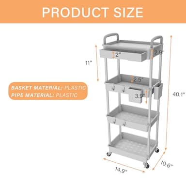 4 Tier Rolling Utility Cart with Drawer,REBECAT Utility Cart Made of Multifunctional Storage Organizer Tool for Kitchen,Bathroom,Living Room,Office(Gray) - Image 5