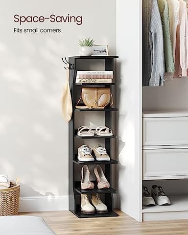 VASAGLE 7-Tier Vertical Shoe Rack, Narrow Shoe Storage Organizer with Hooks, Slim Corner Tower Shelf, Space-Saving for Entryway and Bedroom, Black ULBS200T16 - Image 4