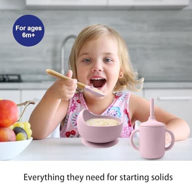 LITTLE RAWR Silicone Baby Feeding Set 14 Pcs,Baby Led Weaning Supplies, Baby Spoons Suction Bowl Divided Plate Bib Cup Finger Brush,First Stage Solid Food Eating Utensils - 6+ Months(Light Pink) - Image 2