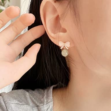 LOOYUUPEE Natural Hetian Jade Bow Earrings, Dainty Green Real Jade Charm Pendant Jewelry Studs, Handmade Ear Stud Earrings Hoop Earrings for Women (925 Sterling Silver with Gold Plated) - Image 5