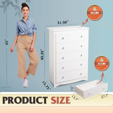 WLIVE White 5 Drawer Wood Dresser, Wooden Chest of Drawers for Bedroom, Storage Cabinet and Organizer Drawers for Living Room, Hallway, Closet, Measuring 15.75" W*31.50" D*45.35" H - Image 3