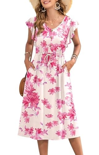 MOLERANI Floral Dress Spring Summer Dress for Women Casual Flutter Short Sleeve V Neck Dress with Pockets,Pink Flower,M - Image 1