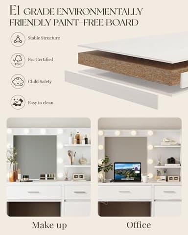 LIVELYGLOW Lighted Makeup Vanity Desk, 35.4“W x 15.7'”D x 54“H, White (with Lights and Mirror, Dimming Function, 2 Drawers and 1 Cabiniet, Open Shelves) by Boahaus - Image 4