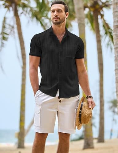 JMIERR Men's Summer Linen Shirts Short Sleeve Button Down Black Shirts for Men Textured Fashion Holiday Beach Casual Shirt, 2XL, - Image 4