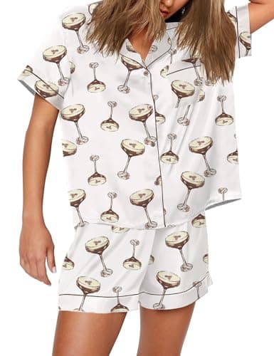 SHESHOW Pajama Sets for Women 2 piece Comfy Satin Button Down Notch Collar White Loungewear Set M - Image 1