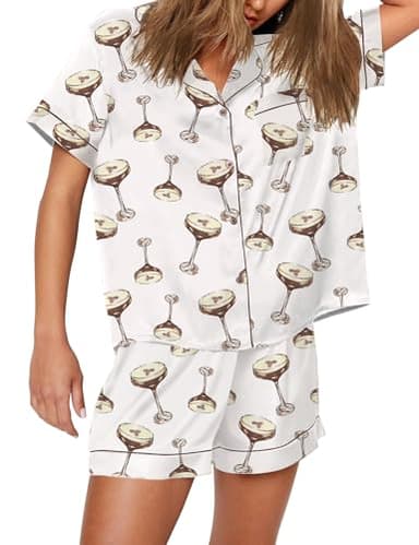 SHESHOW Pajama Sets for Women 2 piece Comfy Satin Button Down Notch Collar White Loungewear Set M - Image 1