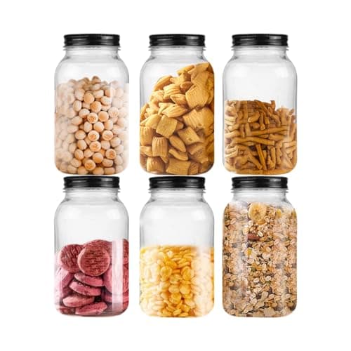 Naivees 32 OZ Storage Containers Clear Plastic Mason Jars with Screw On Lids, Plastic Empty Jars for Kitchen and Household,BPA Free, Food Safe (6 Pack-Black) - Image 1