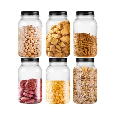 Naivees 32 OZ Storage Containers Clear Plastic Mason Jars with Screw On Lids, Plastic Empty Jars for Kitchen and Household,BPA Free, Food Safe (6 Pack-Black) - Image 1