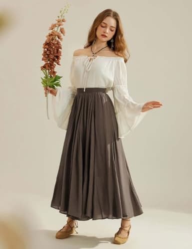 Scarlet Darkness Women Renaissance Long Maxi Skirt High Waist Flowy A Line Skirts Brown S - Image 3