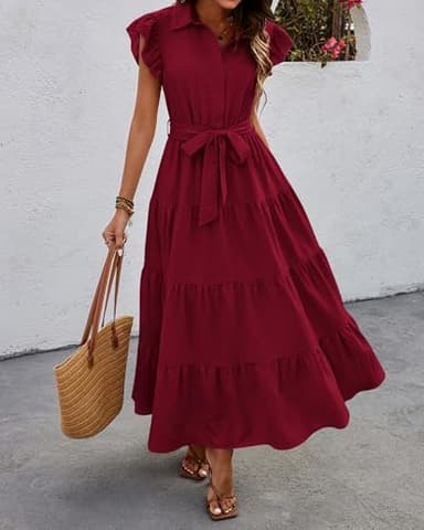dowerme Women's Summer Casual Dresses 2025 Cap Ruffle Sleeve V Neck Button Belted Tiered Boho Maxi Dress with Pockets(Wine Red,X-Large) - Image 2