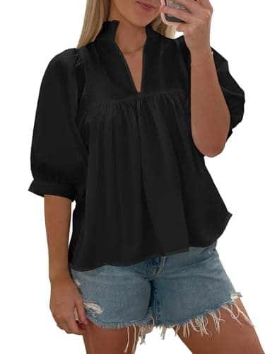 Cicy Bell Womens Puff Sleeve V Neck Blouse Babydoll Peplum Tops Dressy Casual Pleated Loose Fit Shirts Black - Image 4