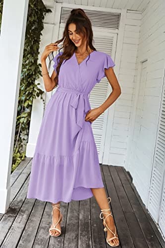 PRETTYGARDEN Women's Summer Floral Boho Dress Wrap V Neck Short Sleeve Ruffle A-Line Flowy Maxi Wedding Guest Dresses (Solid Purple,X-Large) - Image 8
