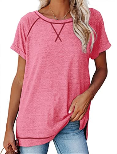 Aokosor Womens Tops Summer 2025 Fashion Short Sleeve Tee Shirts Spring Loose Beach Vacation Outfits Pink XL - Image 1