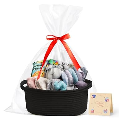 Bufims Small Woven Black Gifts Basket for Storage Empty with Ribbons and Bags Durable Cute Gifts 12"X 8" X 5" Small Rope Basket for Gifting - Image 8