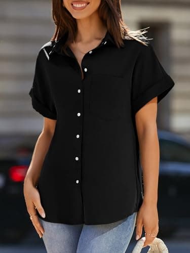 Beautife Womens Short Sleeve Shirts V Neck Collared Button Down Shirt Tops with Pockets Black - Image 2