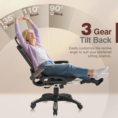 GABRYLLY Ergonomic Office Chair with Footrest, High Back Mesh Computer Chair with Flip-Up Arm, 3D Headrest, 135° Reclining, Rolling Gaming Task Chair with Wide Seat Lumbar Support,400LBS - Image 5