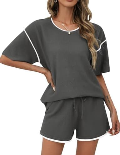 Ekouaer 2 Piece Sets for Women Summer Outfits Casual Short Sleeve Knit Sweater Tops Matching Shorts Tracksuit Lounge Sets - Image 2