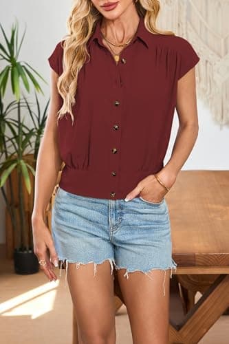 Cakulo Womens Summer Short Sleeve Button Down Shirts 2025 Dressy Casual Polo V Neck Collared Blouses Tops Ruby M - Image 7