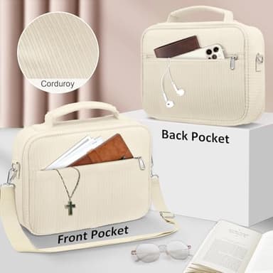 FINPAC Large Bible Cover w/Shoulder Strap, Carrying Book Case Church Bag Bible Protective w/Pen Slots and Zippered Pocket, Gift for Women Lady, Corduroy Beige - Image 2