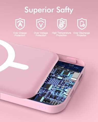 podoru for Magsafe Battery Pack, 5000mAh Magnetic Power Bank with Type-C Cable 20W PD Fast Charging Lighting Input Wireless Portable Charger for iPhone 17/16/15/14/13/12/ All Series-Pink - Image 7