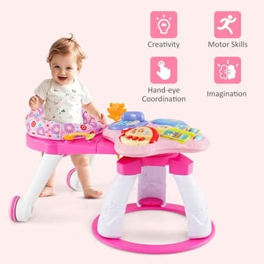 INFANS 3 in 1 Walk Around Baby Activity Center, Baby Walker with Play Table, Wheels, Detachable Seat Cushion, 3 Adjustable Heights, Learning Toys for Boys Girls Aged 6-36 Months (Pink) - Image 8
