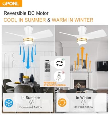 OPONL 30" White low profile Ceiling Fan with Light, with Gold Trim Ring, Large Air Volume, flush mount ceiling fan for Bedroom Kitchen Dining room Patio - Image 4