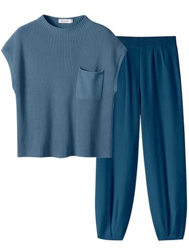 ANRABESS Women's Two Piece Outfits Knit Sweater Vest Crop Top Pants Lounge Matching Tracksuit Sweatsuit Travel Clothes Sets Deep Blue Small - Image 1