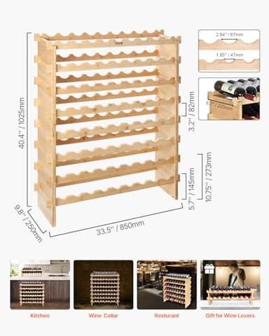 VEVOR 8-Tier 72 Bottles Stackable Modular Wine Rack, Freestanding Wines Holder Display Shelf, Solid Bamboo Wood Storage Racks, Wobble-Free Shelves for Kitchens, Dining Rooms, Cellars, Natural Color - Image 3