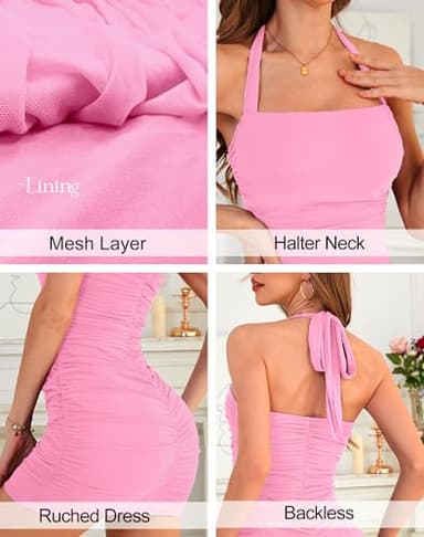 Zattcas Sexy Summer Backless Halter Dresses for Women 2025 Mesh Ruched Teens Short Easter Graduation Cocktail Party Banquet Prom Club Night Out Bodycon Mini Dress Pink M - Image 7