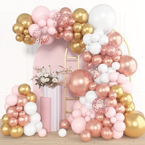 Amandir 153pcs Rose Gold Balloon Garland Arch Kit, Different Sizes 18 12 10 5 inch Pink White Gold Latex Metallic Confetti Balloons for Girls Graduation Birthday Bridal Baby Shower Party Decorations - Image 1