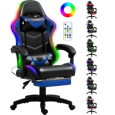 Czlolo Gaming Chair, Racing Style RGB LED Lights Gaming Chairs for Adults and Kids, Lumbar Massager Gamer Chair, High Back Reclining Computer Chair with Footrest and Headrest (Black/Blue) - Image 1