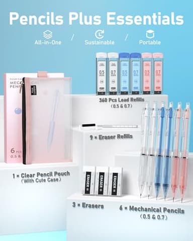Four Candies Mechanical Pencil Set with Case, 6PCS Aesthetic Mechanical Pencils 0.5 & 0.7mm with 360PCS HB Lead Refills, 3PCS Erasers, 9PCS Eraser Refills for writing, drawing and sketching - Image 6