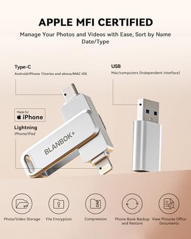 MFi Certified 128GB Flash Drive for iPhone Photo Stick, USB Thumb Drive Memory Stick High Speed USB Drive Photo Storage for iPhone Flash Drive Compatible for iPhone/iPad/Android/PC - Image 2