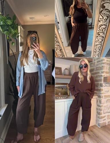 Xiaoxuemeng Womens Baggy Wide Leg Pants Casual Elastic Waisted Palazzo Harem Pants with Pockets(Coffee-S) - Image 2
