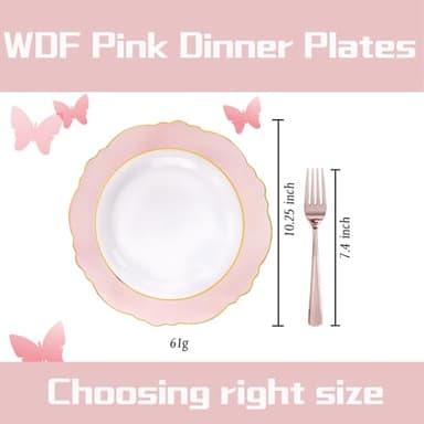 WDF 60pcs Pink Plastic Plates - 10.25inch Baroque Pink And Gold Disposable Dinner Plates for Upscale Parties -Special for Wedding, Party,Birthdays, Baby Shower - Image 3