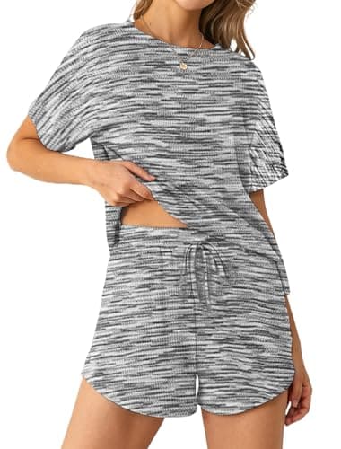 NORACORA Womens Lounge Set Waffle Knit Pajamas Loungewear Cute Sets Sweat Suit Outfits 2 Pieces with Pockets Black White - Image 1