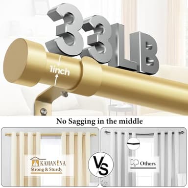 KAMANINA Curtain Rods 2 Pack, Heavy Duty Curtain Rod for Windows 66 to 120 Inch, 1 Inch Gold Modern Drapery Rods with End Cap (32"-115", 2Pack) - Image 6