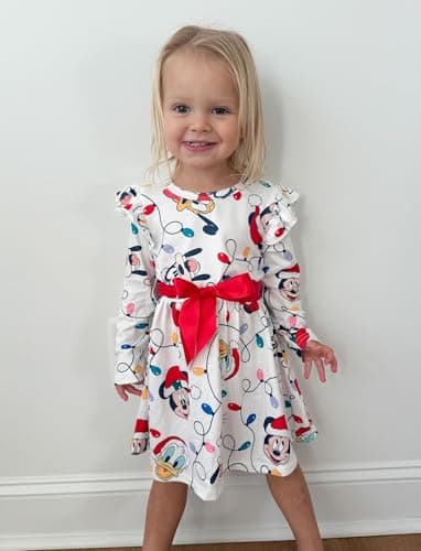 Disney Minnie Mouse Mickey Mouse Toddler Girl Dress Christmas Full Print Bow Tie Long-Sleeve Tutu Dresses Christmas Birthday Gift Red White 2T - Image 5