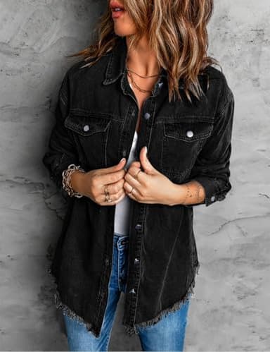 Vetinee Women's Concert Outfits for Women Oversized Boyfriend True Black Front Button Up Frayed Raw Hem Long Sleeve Pockets Denim Jean Jacket Shacket X-Large Size 16 Size 18 - Image 3