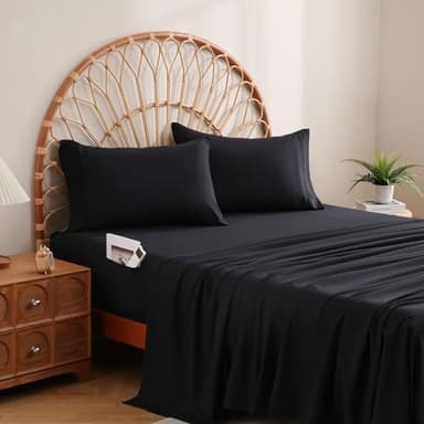 JSD Black Queen Sheet Set with Side Pocket Corner Straps, 4 Piece Soft Microfiber Bed Sheets Extra Deep Pocket - Image 1