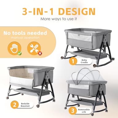 venowu Bedside Crib, 3 in 1 Bassinet with Quick Height Adjustment and Mosquito Nets Rocking Bassinet for Baby, Bedside Bassinet with Wheels, Easy to Fold, Golden Triangle Structure（Grey） - Image 4