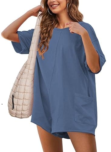 Yeokou Rompers for Women Casual Short Sleeve Oversized Athletic Workout Reversible Hot Shot Tee Romper Deep Pockets(BlueGrey-M) - Image 1
