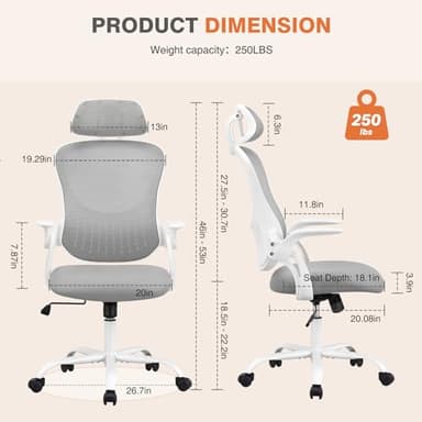 Sweetcrispy Home Office Desk Chair, Ergonomic High-Back Mesh Rolling Work Computer Chairs with Wheels and Adjustable Headrests, Comfortable Lumbar Support, Comfy Flip-up Arms for Bedroom, Study, Grey - Image 2