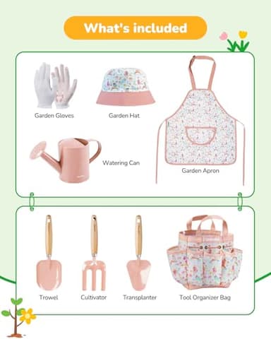 Kids Gardening Set Toys, Quality Garden Tool Kit for Kids and Toddlers, Includes Two Shovels, Garden hat,Rake, Apron,Gloves, Watering Can, and Tool Bag (Pink) - Image 2