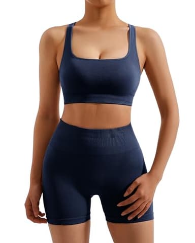 RXRXCOCO Seamless Workout Sets for Women 2 Piece Strappy Sports Bras Scrunch Butt Booty Shorts Matching Yoga Outfits Navy Medium - Image 2