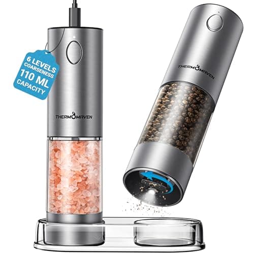 ThermoMaven Upgraded Larger Capacity Electric Salt and Pepper Grinder Set, 110ml Rechargeable Salt and Pepper Shaker with LED light, Stainless Steel Automatic Pepper Mill with 6 Adjustable Coarseness - Image 1